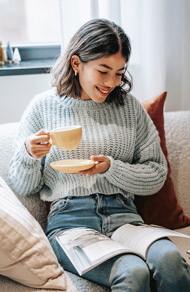 A GIF image of a woman drinking coffee while reading, alternating with an image of a woman enjoying a glass of wine.